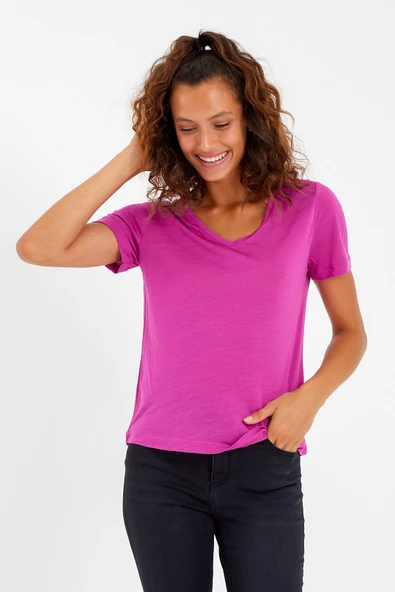 Kadın Modal Kumaş V Yaka Parçalı T-shirt Fuşya - 2