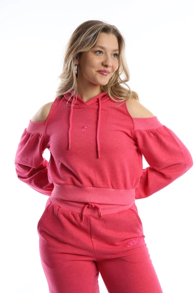 Kadın Kapüşonlu Omuz Dekolteli Sweatshirt Pembe