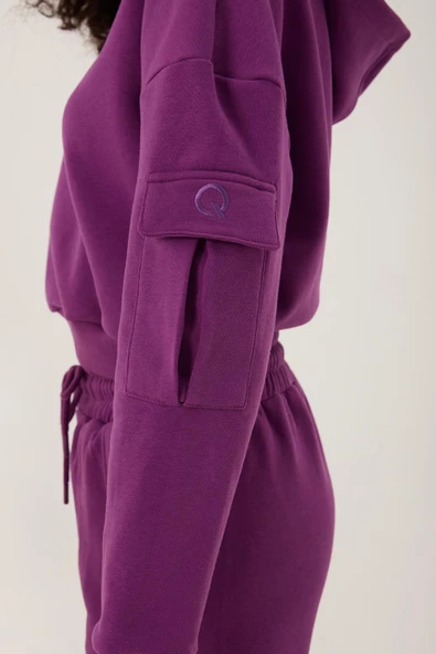 Kadın Kapüşonlu  3 İplik Sweatshirt Mor - 4