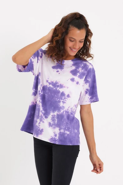 Kadın Batik Yıkamalı Oversize T-shirt Mor - 3