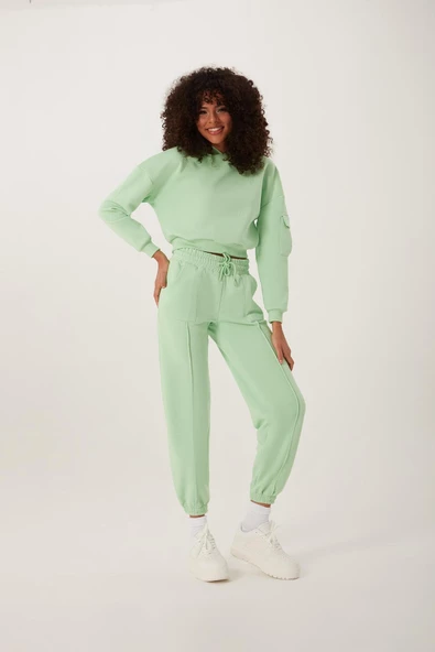 Kadın Kapüşonlu 3 İplik Sweatshirt Su Yeşili - 3