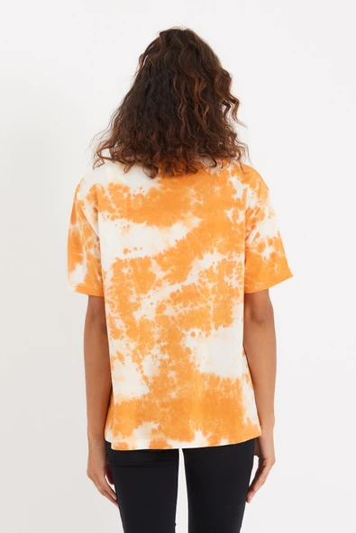 Kadın Batik Yıkamalı Oversize T-shirt Turuncu - 4