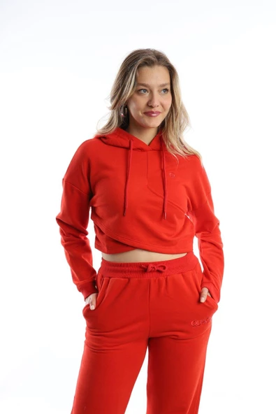 Kadın Kruvaze Detaylı Kapüşonlu Crop Sweat Kırmızı