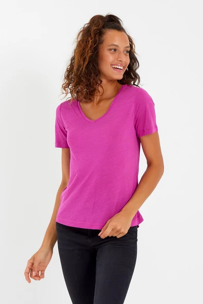 Kadın Modal Kumaş V Yaka Parçalı T-shirt Fuşya