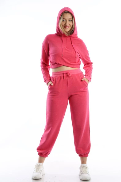 Kadın Kruvaze Detaylı Kapüşonlu Crop Sweat Pembe - 5