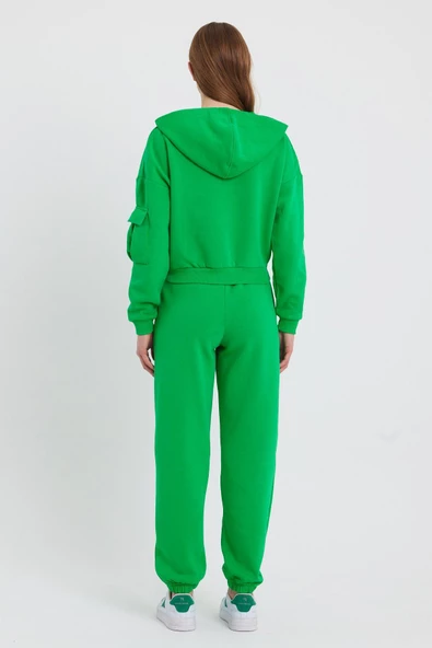Kadın Kapüşonlu 3 İplik Sweatshirt Yeşil - 4