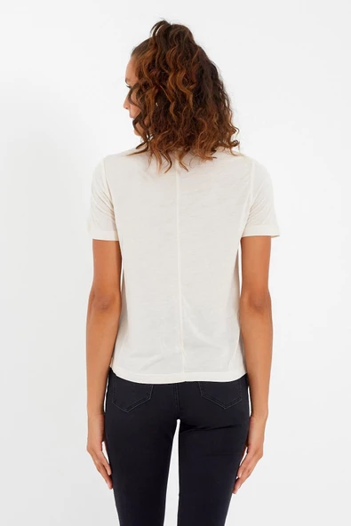 Kadın Modal Kumaş V Yaka Parçalı T-shirt  Ekru - 4
