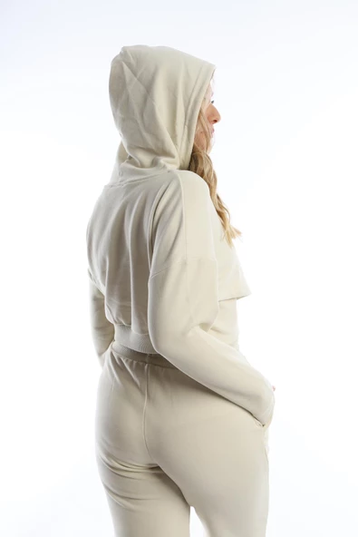 Kadın Kruvaze Detaylı Kapüşonlu Crop Sweat Ekru - 5