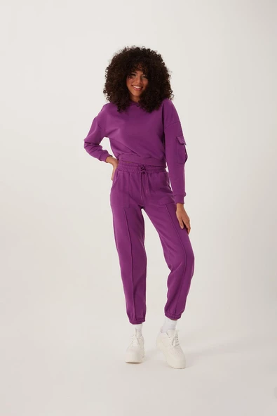 Kadın Kapüşonlu  3 İplik Sweatshirt Mor - 3