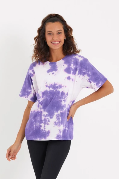 Kadın Batik Yıkamalı Oversize T-shirt Mor
