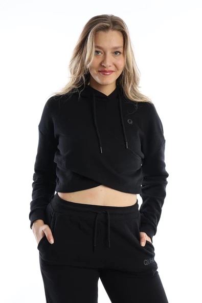 Kadın Kruvaze Detaylı Kapüşonlu Crop Sweat Siyah