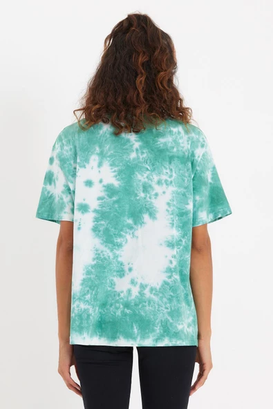 Kadın Batik Yıkamalı Oversize T-shirt Yeşil - 4