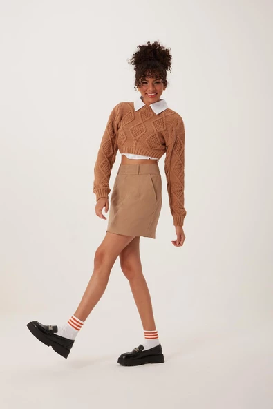 Kadın Triko Sweatshirt Taba - 2