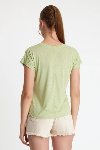 Kadın Bambu Kumaş Bisiklet Yaka T-shirt Mint - 4