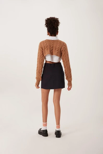 Kadın Triko Crop Sweatshirt Taba - 4