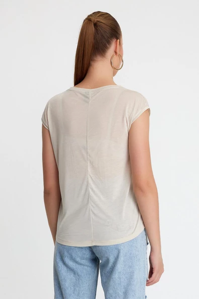 Kadın Tencel Kumaş Bisiklet Yaka T-shırt Taş - 4