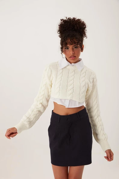 Kadın Triko Crop Sweatshirt Krem - 2