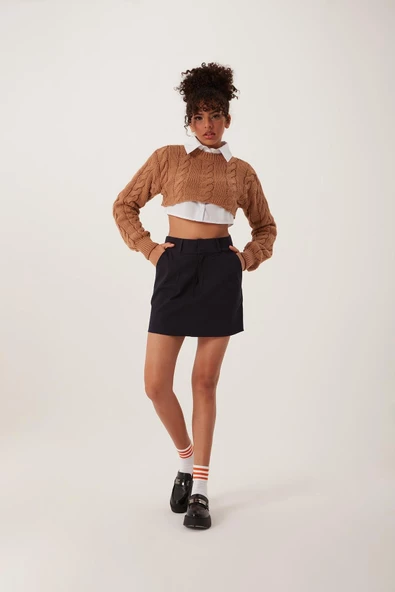 Kadın Triko Crop Sweatshirt Taba - 2