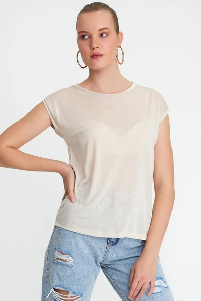 Kadın Tencel Kumaş Bisiklet Yaka T-shırt Taş