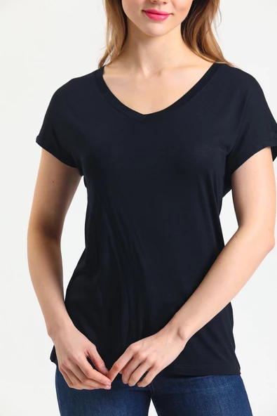 Kadın Bambu Kumaş V Yaka T-shirt Siyah - 2