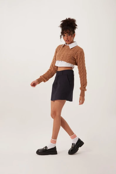 Kadın Triko Crop Sweatshirt Taba - 3