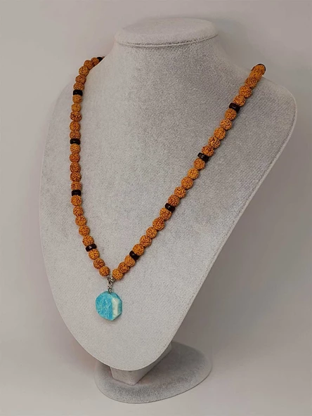 Amazonit Taşlı Rudraksha Tohum Kolye Dolama Bileklik 8mm (49738) - Resim 2