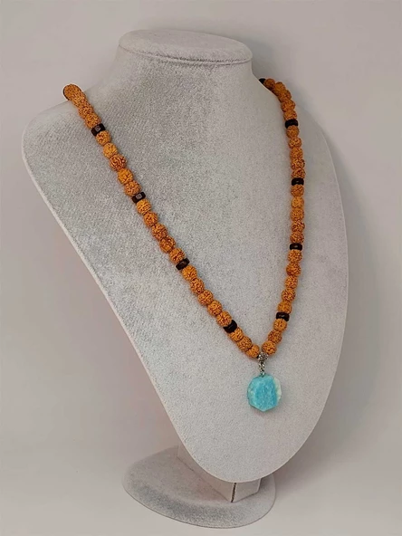 Amazonit Taşlı Rudraksha Tohum Kolye Dolama Bileklik 8mm (49738) - Resim 4