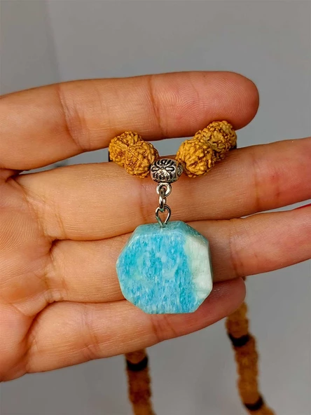 Amazonit Taşlı Rudraksha Tohum Kolye Dolama Bileklik 8mm (49738) - Resim 3