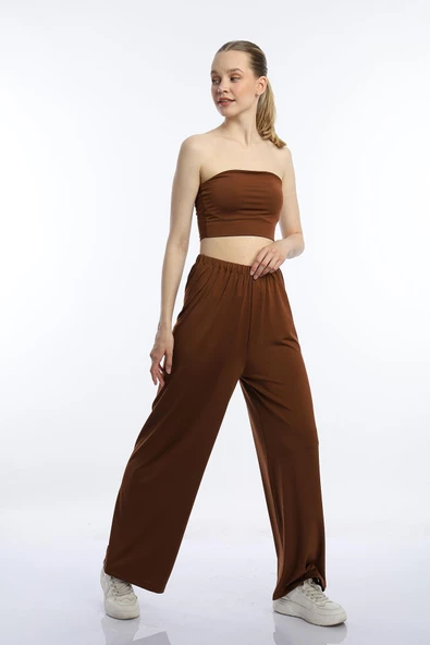 Kadın Allegro Kumaş Crop / Pantolon Takım Kahverengi