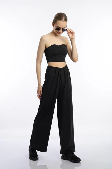 Kadın Allegro Kumaş Crop / Pantolon Takım Siyah
