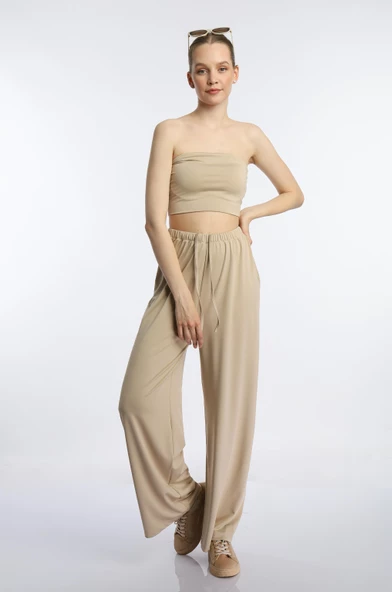 Kadın Allegro Kumaş Crop / Pantolon Takım Vizon
