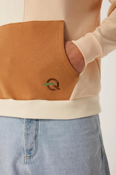 Erkek Parçalı 3 İplik Sweatshirt Ekru - 2