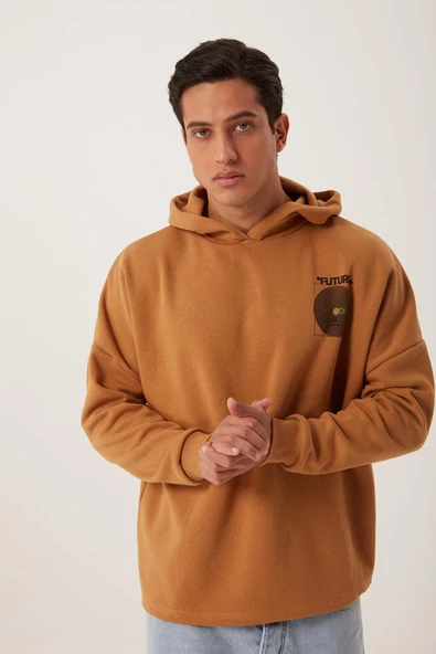 Erkek Oversize Baskılı Sweatshirt Kahverengi