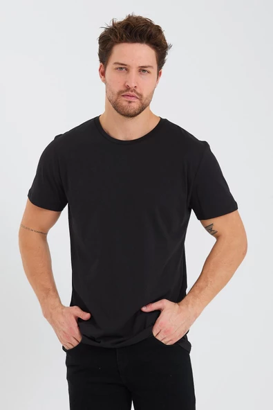 Erkek Pamuk Modal Regular Fit T-shirt Siyah