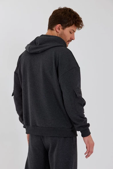 Erkek Kapüşonlu Kanguru Cepli Sweatshirt Antrasit - 4