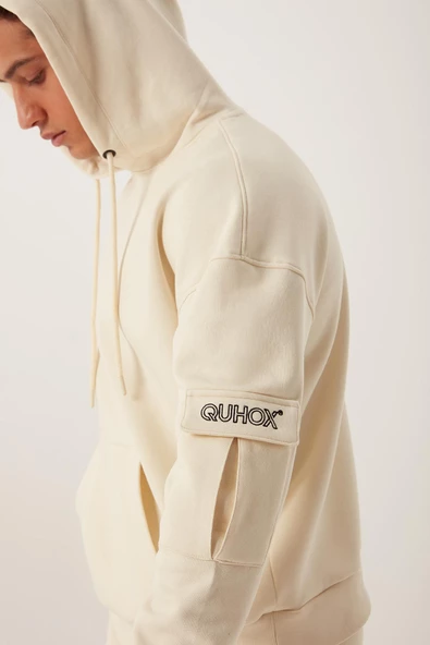 Erkek Kapüşonlu Kanguru Cepli Sweatshirt Ekru - 2