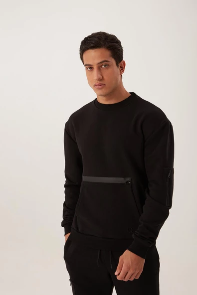 Erkek Fermuar Detaylı Sweatshirt Siyah