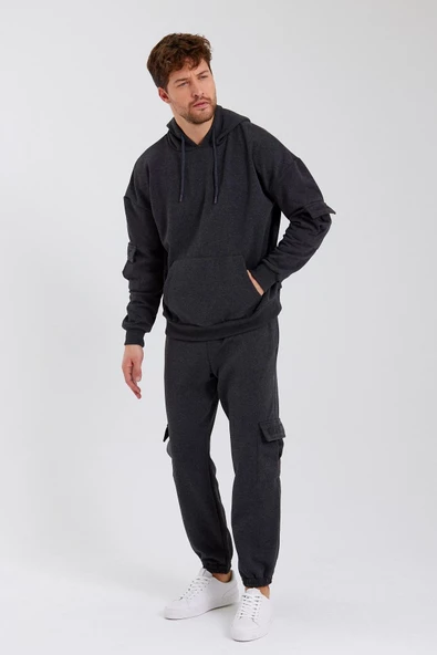 Erkek Kapüşonlu Kanguru Cepli Sweatshirt Antrasit - 3