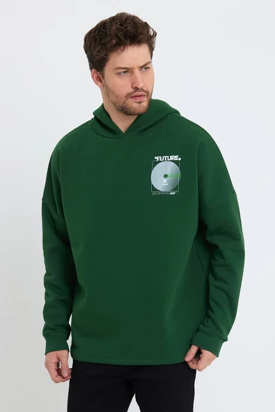Erkek Oversize Baskılı Sweatshirt Yeşil