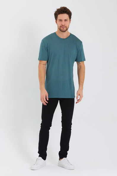 Erkek Tencel Kumaş Oversize T-shırt Nefti - 4
