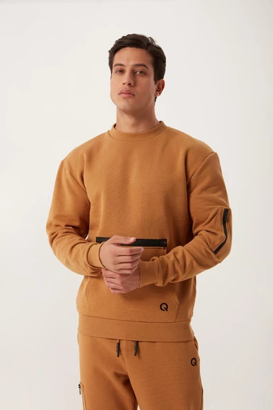 Erkek Fermuar Detaylı Sweatshirt Kahverengi