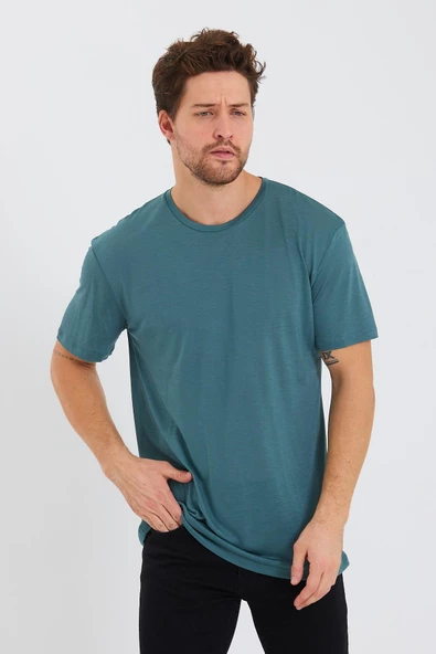 Erkek Tencel Kumaş Oversize T-shırt Nefti