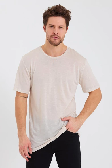Erkek Tencel Kumaş Oversize T-shırt Taş