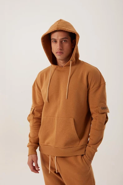 Erkek Kapüşonlu Kanguru Cepli Sweatshirt Kahverengi