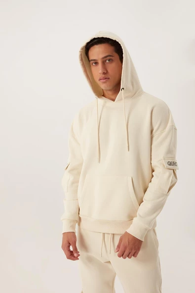 Erkek Kapüşonlu Kanguru Cepli Sweatshirt Ekru