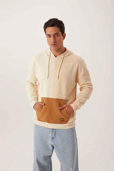 Erkek Parçalı 3 İplik Sweatshirt Ekru