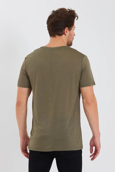 Erkek Tencel Kumaş Bisiklet Yaka T-shirt Haki - 4