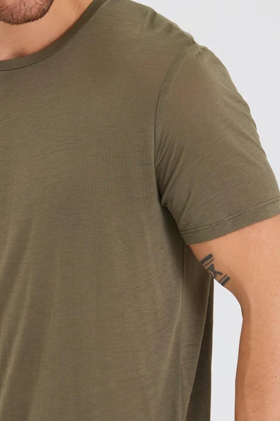 Erkek Tencel Kumaş Bisiklet Yaka T-shirt Haki - 2