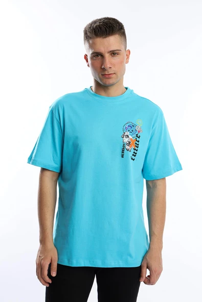 Erkek Oversize Fit Future Baskılı Basic Tişört Turkuaz - 2