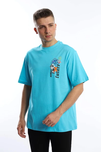 Erkek Oversize Fit Future Baskılı Basic Tişört Turkuaz - 3